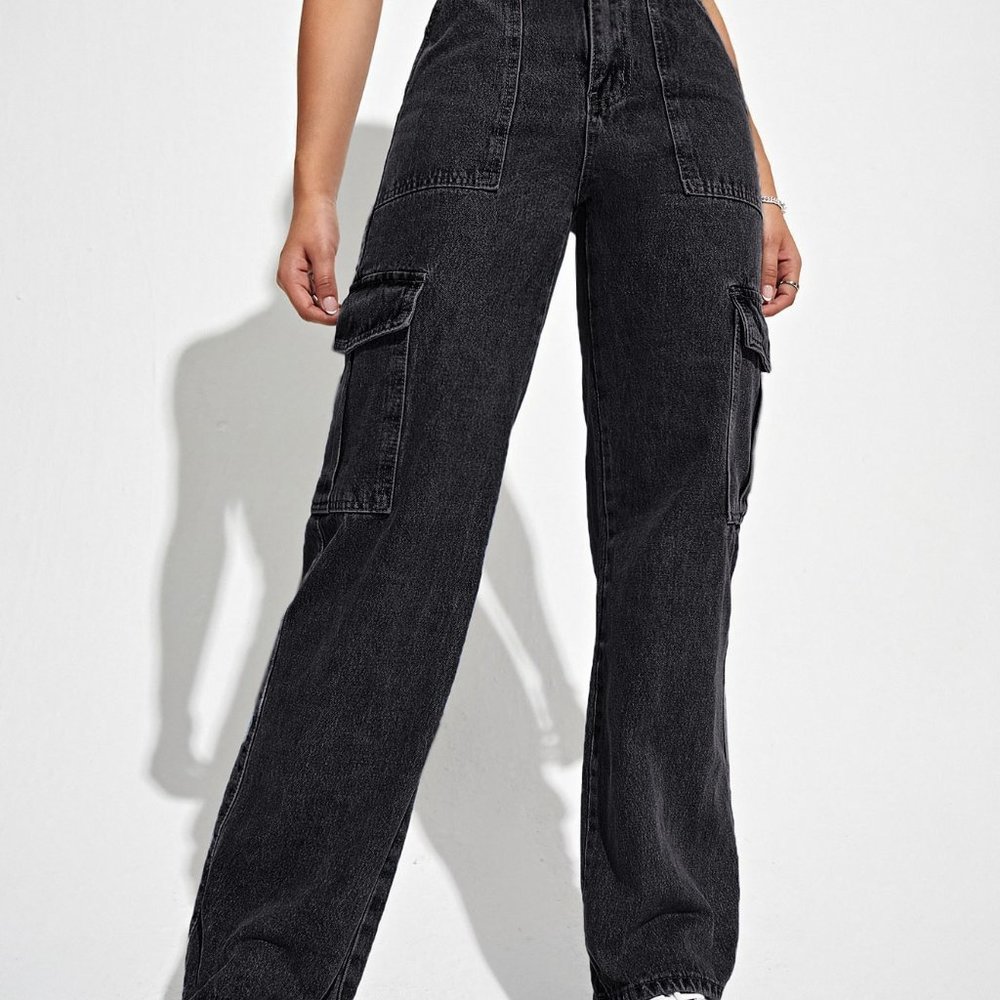 Black Casual Womens High Waist Flap Pocket Side Cargo Jeans - Picture 4 of 5